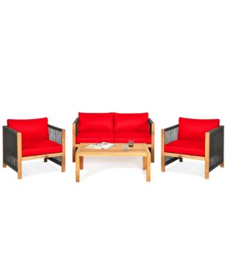 8PCS Patio Outdoor Furniture Conversation Set  Acacia Wood W/ Cushions