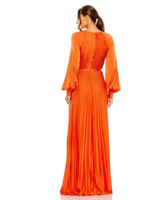 Women's Pleated High Neck Raglan Long Sleeve Side Slit Gown