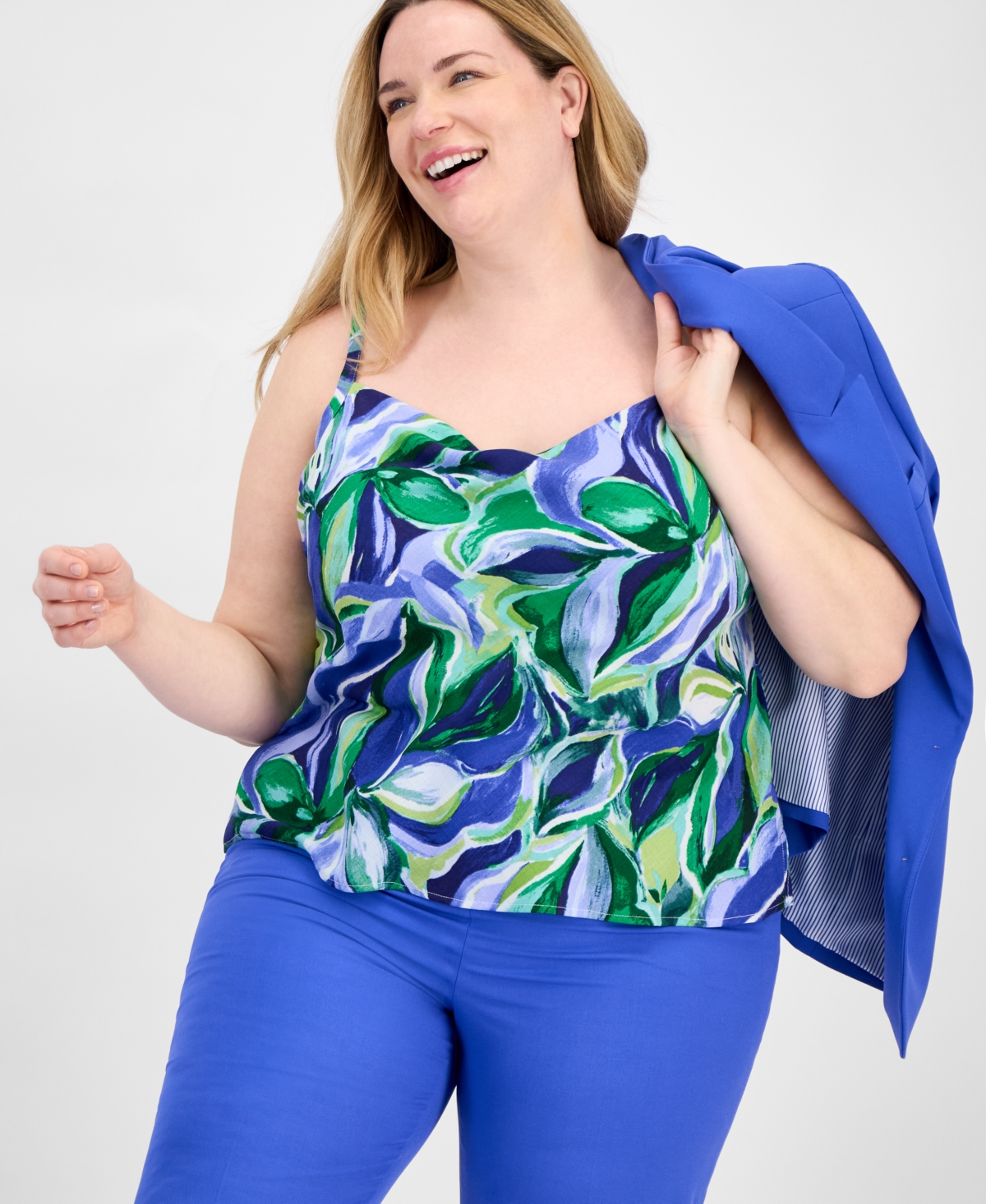 Tahari Asl Plus Size Printed Camisole In Pacific Blue Floral