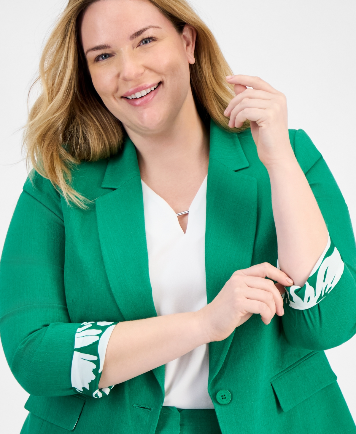 TAHARI ASL PLUS SIZE PRINTED-CUFF 3/4-SLEEVE LINEN-BLEND BLAZER 