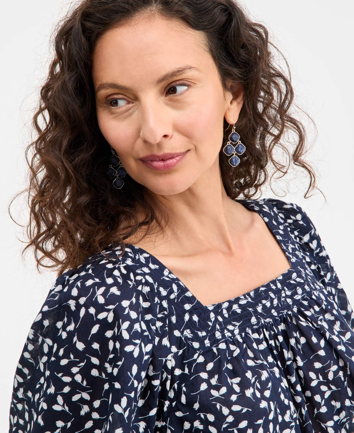 Style & Co Women's Printed Cotton Square-neck Top, Exclusively At Macy's In Fauna Navy