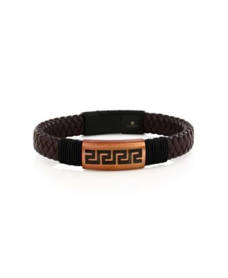 Stainless Steel, Braided Leather Greek Key Bracelet