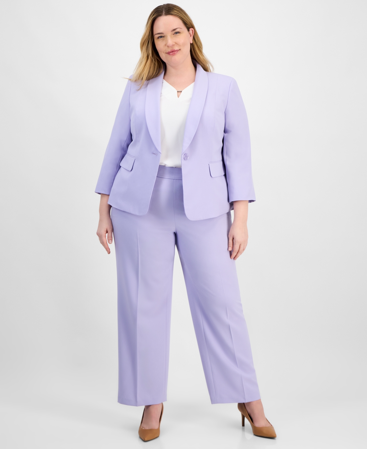 Le Suit Plus Size Shawl-collar One-button Jacket & Pull-on Straight-leg Pants In Lilac