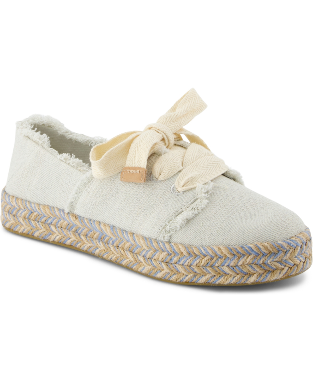Shop Toms Women's Carolina Lace-up Espadrille Sneakers In White Onyx Textured Denim,fray