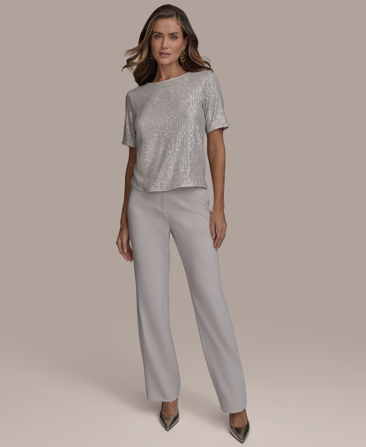 Shop Donna Karan Women's Short-sleeve Sequin Blouse In Sisal