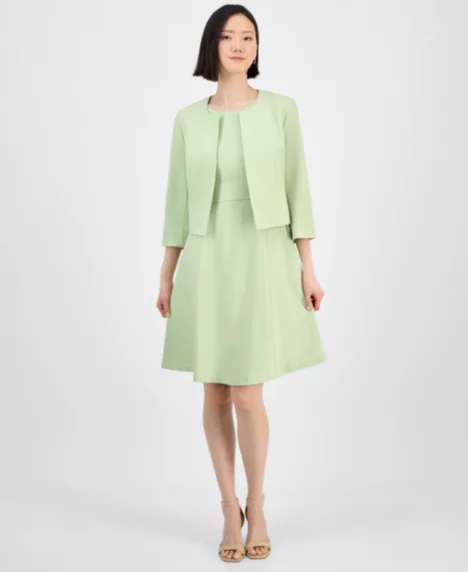 Women's Collarless Open-Front Bolero & Scoop-Neck Sleeveless Fit & Flare Dress Set, Regular & Petite - Celery