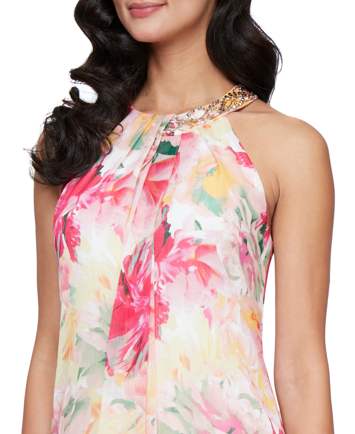 Shop Sl Fashions Women's Floral-print Beaded Halter Gown In Pink Multi