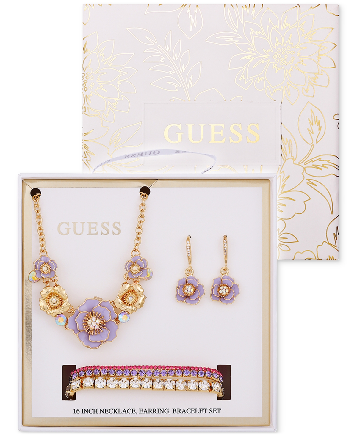 GUESS FLOWER STATEMENT NECKLACE, DROP EARRINGS & STRETCH BRACELET SET 