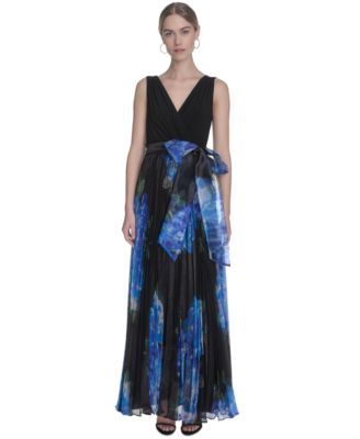 Eliza J - Women's Mixed-Media V-Neck Sleeveless Pleated Gown