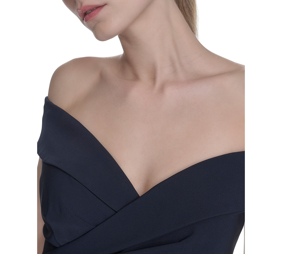 ELIZA J PETITE OFF-THE-SHOULDER SIDE-DRAPE CREPE GOWN 
