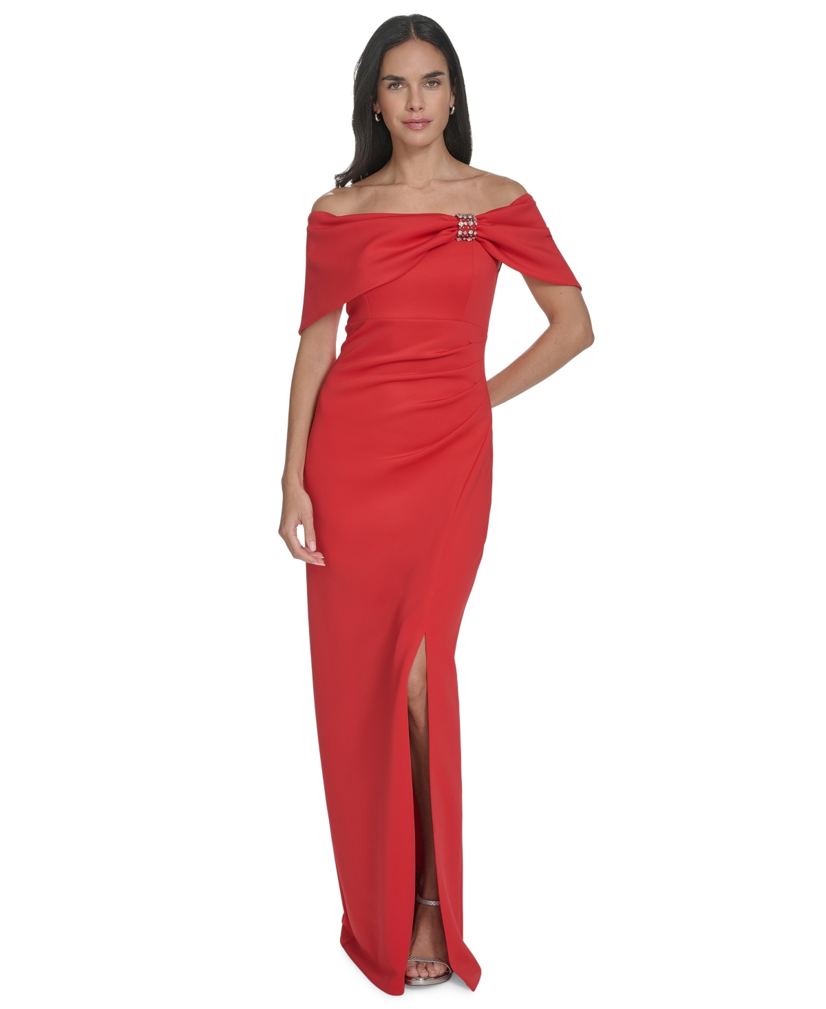 Jessica Howard Petite Embellished Off-the-shoulder Gown In Red