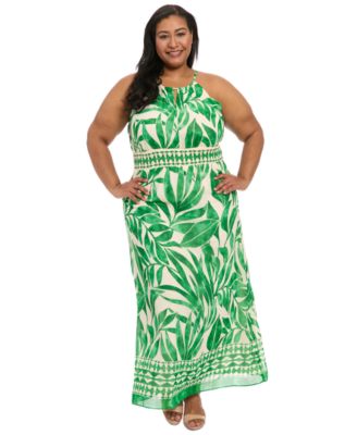 London Times - Plus Size Printed Halter-Neck Maxi Dress