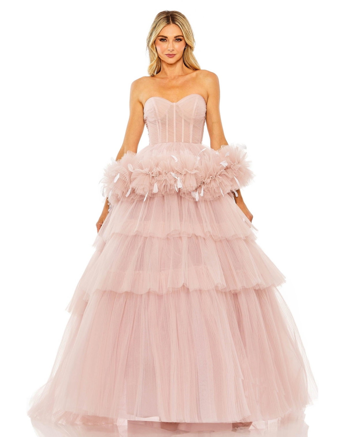 Women's Strapless Tulle Gown with Feather Detail - Rose