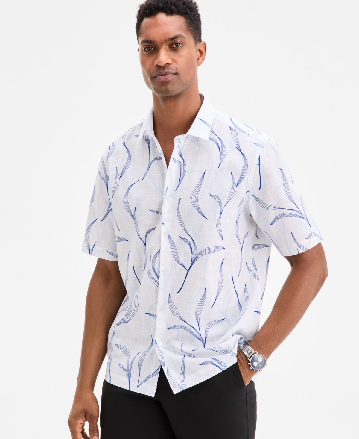Men's Johnny Short Sleeve Botanical Print Button-Front Shirt, Exclusively at Macy's - Bright White