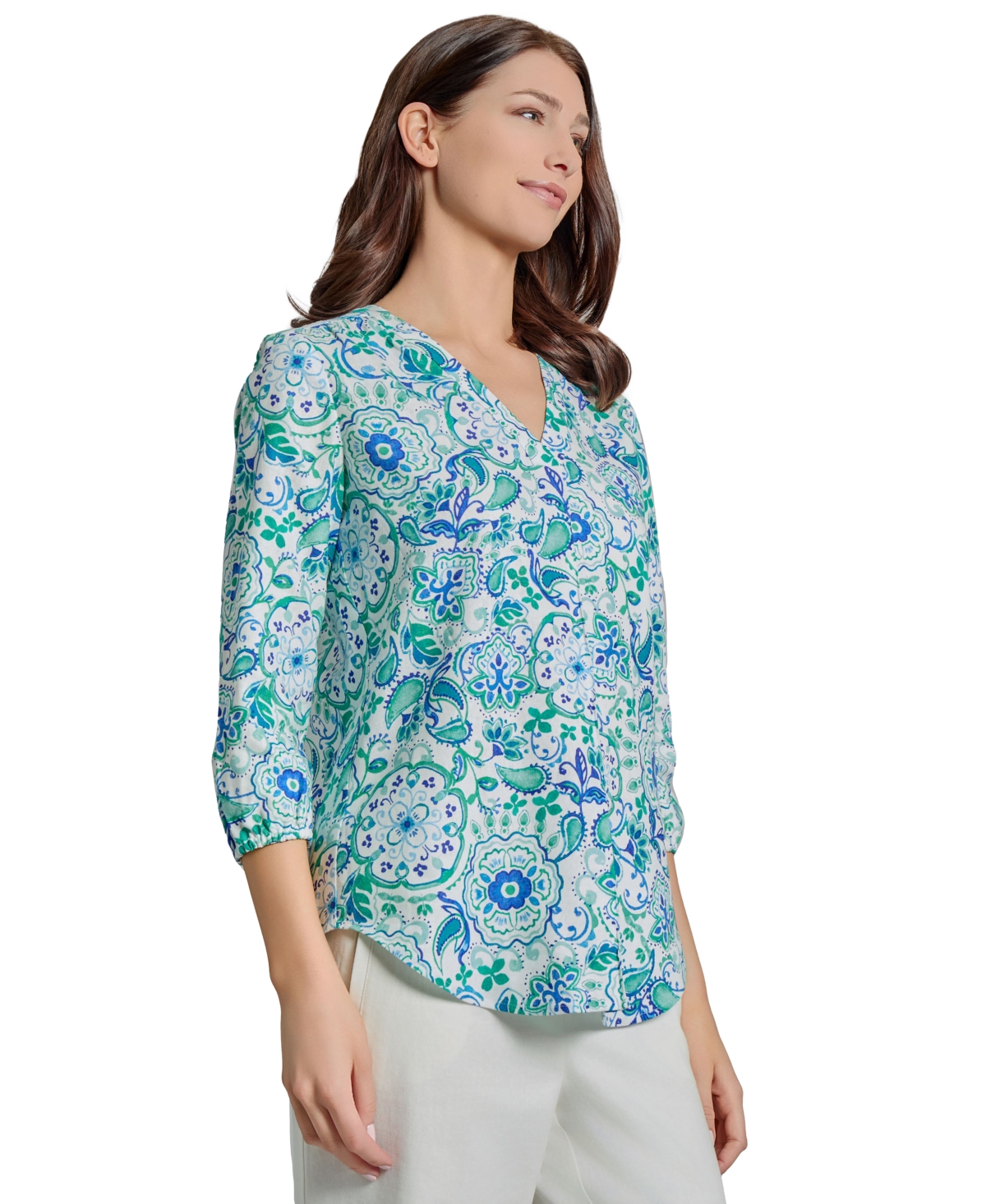 Jones New York Floral Linen Blend Tunic Top In Nyc White