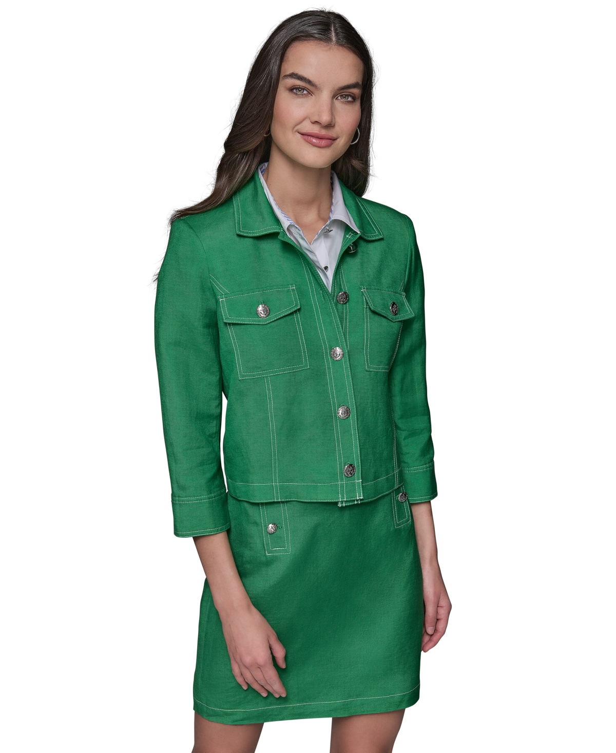 Shop Karl Lagerfeld Petite Linen-blend Jacket In Flore Green