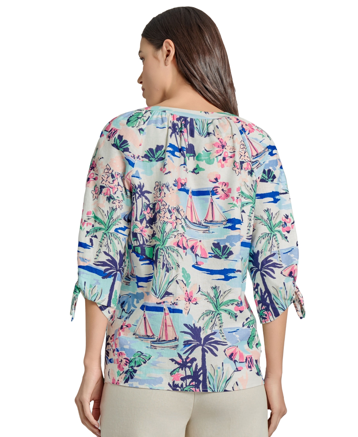 Jones New York Beach Print Tie Sleeve Linen Blend Top In Blue
