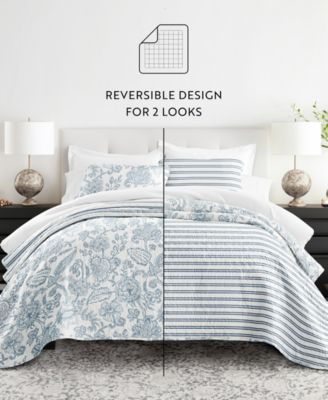 Jacobean and Stripe Reversible 3-Pc. Lightweight Quilt Set, King/California King