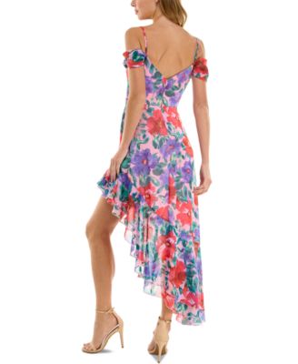 Juniors' Floral-Print Cold-Shoulder Ruffle-Trim Dress