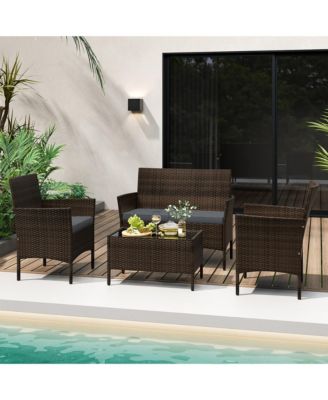 4 PCS Outdoor Wicker Furniture Set  Patio Rattan Conversation Set w/ Chair & Loveseat