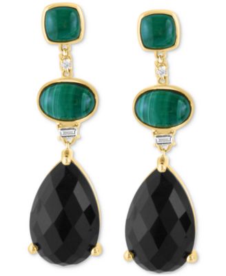 EFFY&reg; Onyx, Malachite, & Diamond (1/20 ct. t.w.) Triple Drop Earrings in 14k Gold