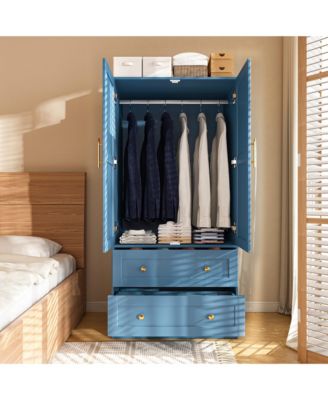 Shaker Style Classic Two-Door Wardrobe, Solid Wood Bedroom Armoire with Hanging Rod and Shelves