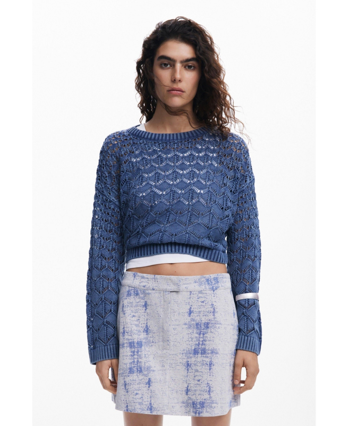 Desigual Distressed Pattern Miniskirt In Light Blue