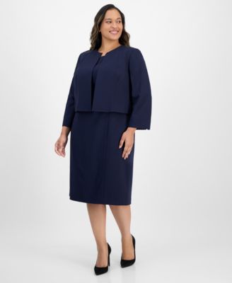 Plus Size Open-Front Collarless Jacket and Sheath 2 Piece Dress Suit