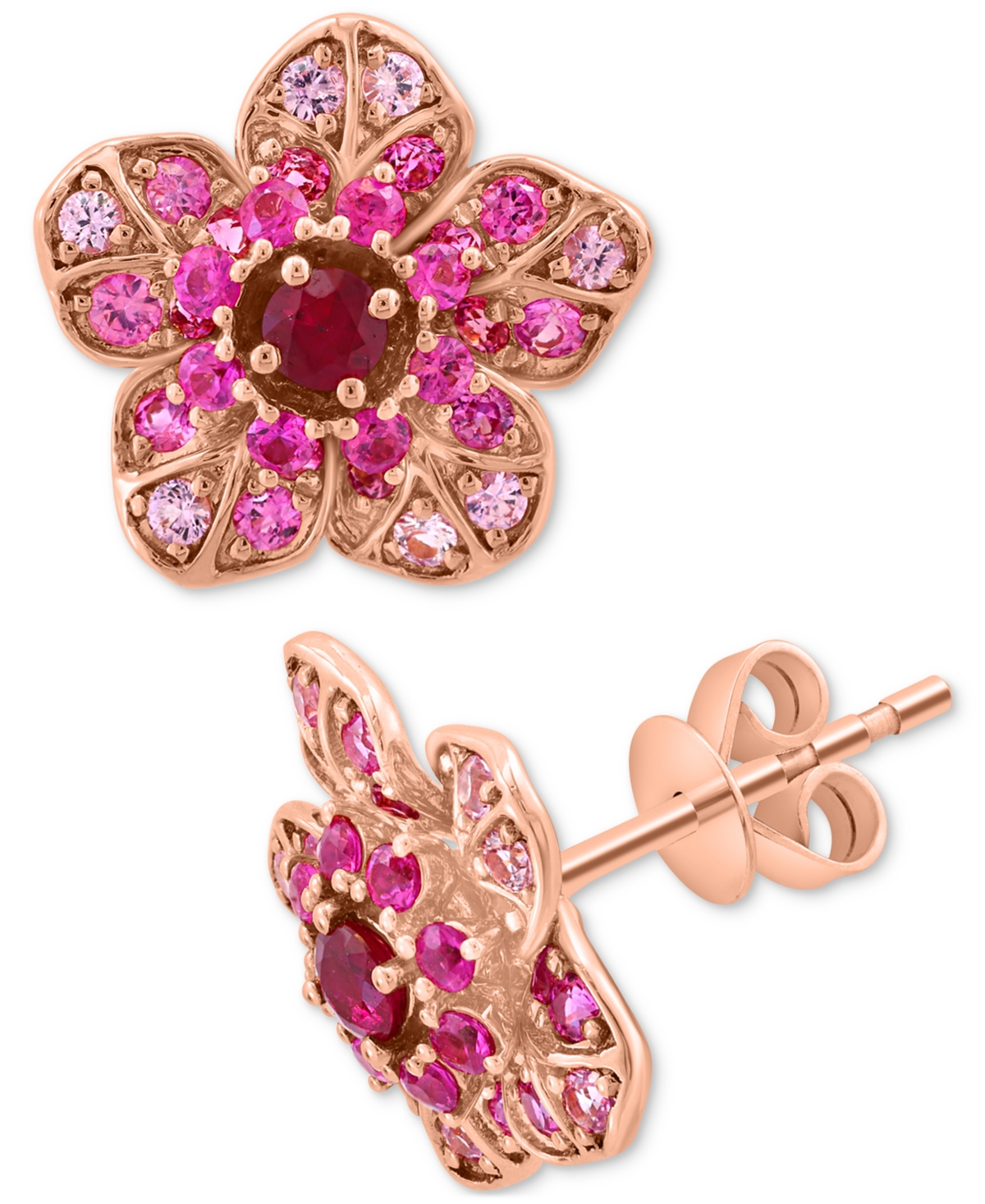 Effy Collection Effy Pink Sapphire (7/8 Ct. T.w.) & Ruby (1/5 Ct. T.w.) Flower Stud Earrings In 14k Rose Gold