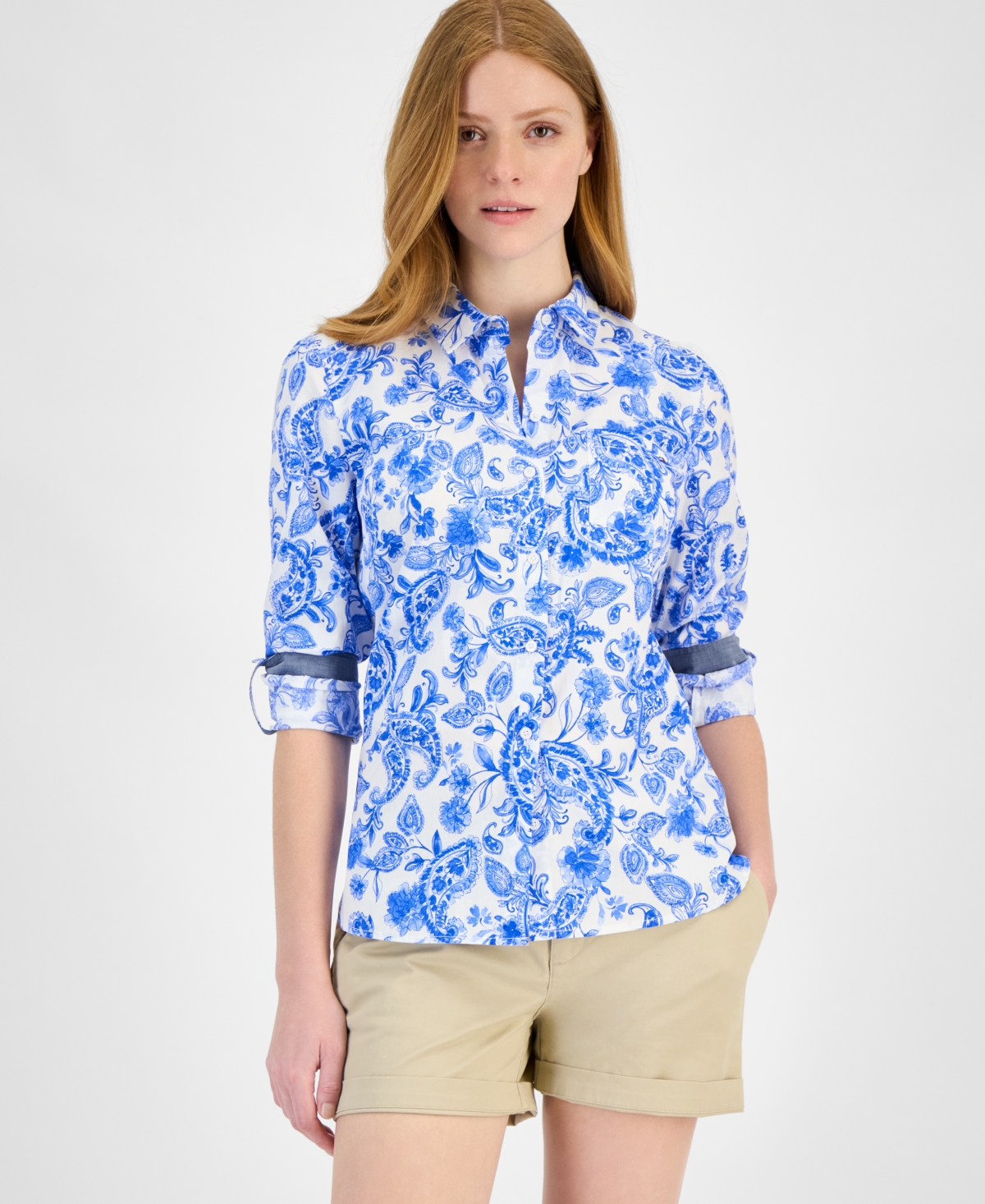 Women's Floral Gingham Cotton Shirt - Sherbert/ Bright White