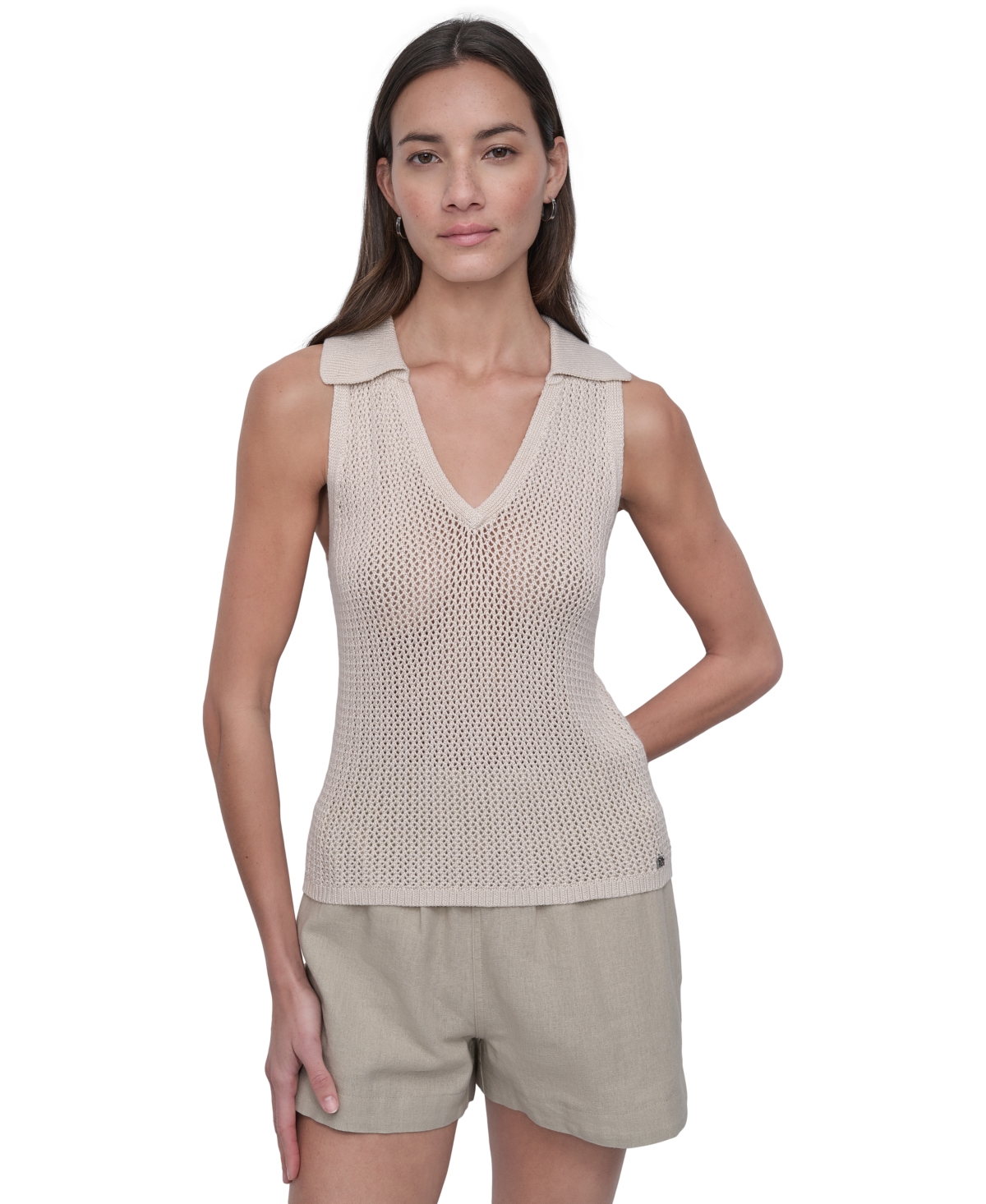 Women's Polo Collar Sleeveless Sweater - D5k - Lt City Khaki