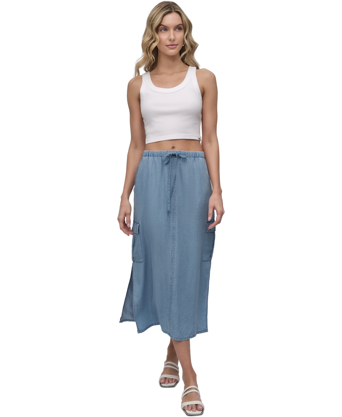 Women's Chambray Cargo Midi Skirt - Fjz - Chambray