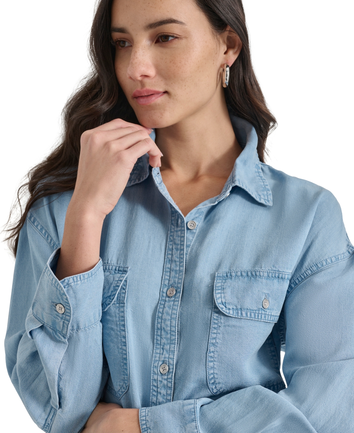 Shop Dkny Jeans Women's Cropped Flap-pocket Shirt In Fjz - Chambray