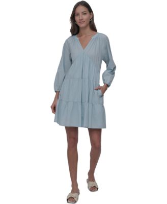 DKNY Jeans - Women's Cotton Split-Neck Tiered Dress