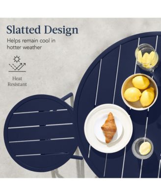 3-Piece Steel Patio Bar Height Round Bistro Set w/ Backless Stools, Slatted Design