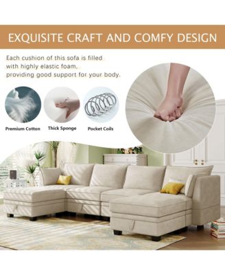 Modern Large 6 Pc. Linen Upholstered Wood Convertible Storage U-Shape Sectional Sofa Bed with Reversible Chaise