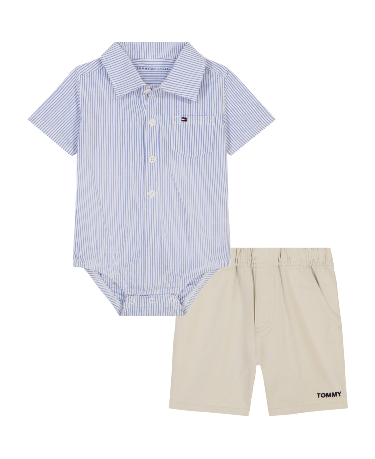 TOMMY HILFIGER BABY BOY 2-PIECE SEERSUCKER STRIPE BUTTON FRONT BODYSUIT WASHED TWILL SHORTS SET 