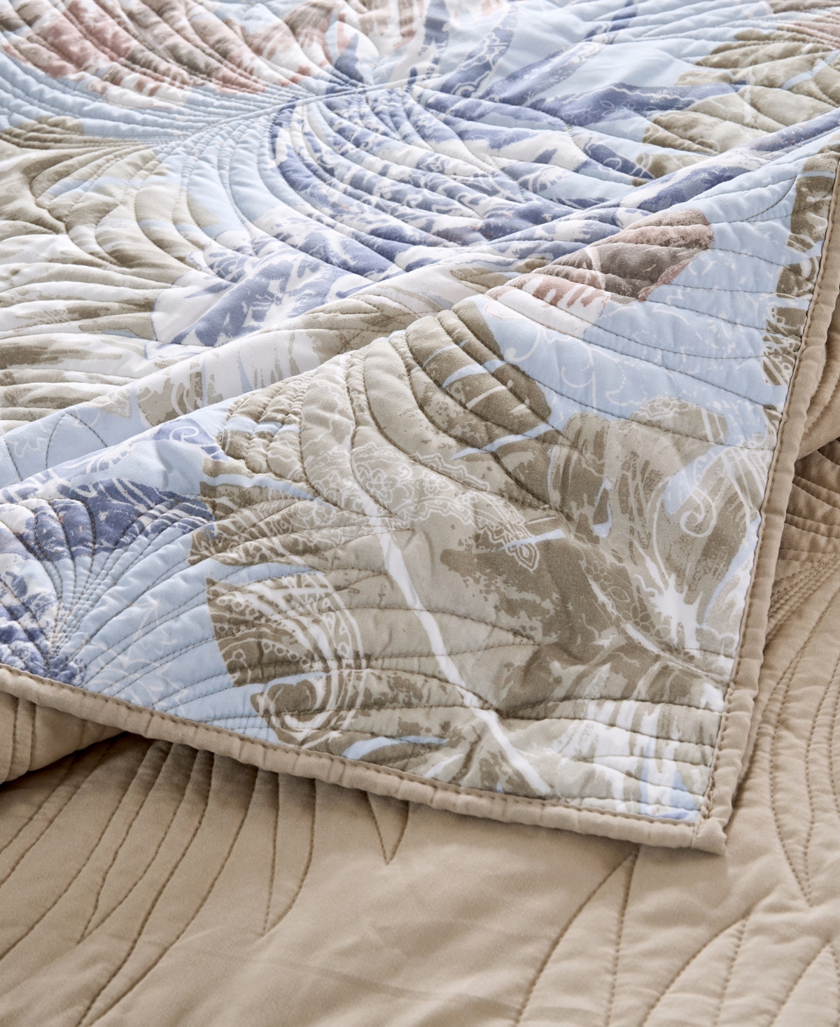 Greenland Home Fashions Tropics Coastal Palm 3 Piece Quilt Set, Full/queen In Mist