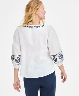 Petite Linen Eyelet-Embroidered 3/4-Sleeve Top, Exclusively at Macy's