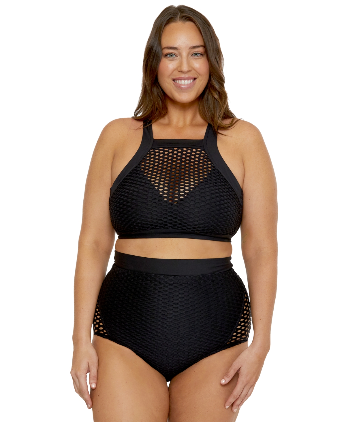 Shop Becca Etc Plus Size Castaway Textured High-neck Bikini Top In Black