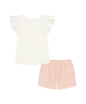 Baby Girls 2-Piece Satin Logo T-Shirt and Smocked Waist Gauze Shorts Set