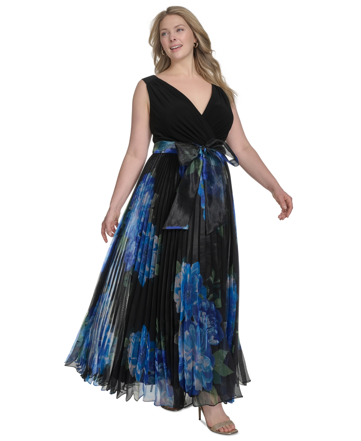 Eliza J Plus Size V-neck Printed Pleated Organza Gown In Black,blue