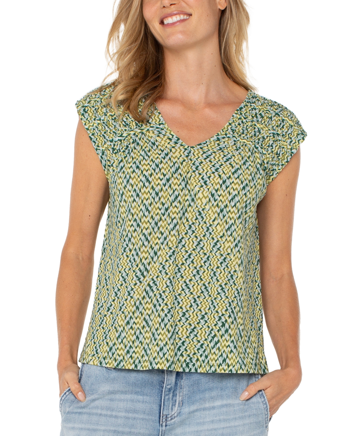 Women's Short Sleeve Dolman Tie Back Knit Top - Green Mini Chevron