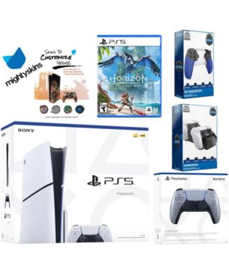 Playstation 5 Slim Disc Bundle with Horizon Forbidden West, Extra Controller, Trigger Stop Kit, Dual Charge Dock and MightySkins Decal Voucher