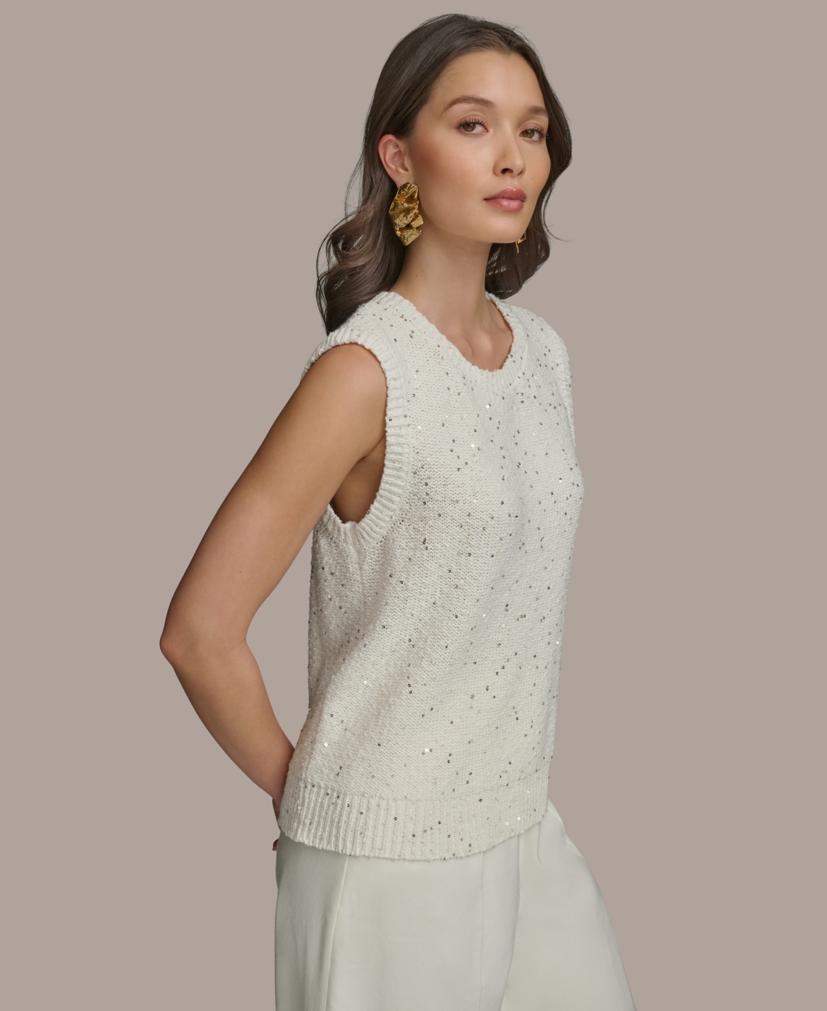 Shop Donna Karan Women's Sequined Sleeveless Sweater In Cream
