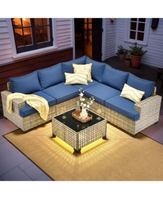 Outdoor Patio Furniture Set,6 Pieces Rattan Sectional Patio Furniture Set,Outside Coversation Set with Extra Deep Outdoor Sofa Couch and Solar Coffee Table for Porch Balcony Backyard Deck Poolside