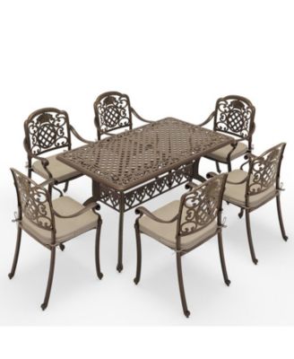 7-Piece Cast Aluminum Outdoor Patio Dining Set with Brown Cushions