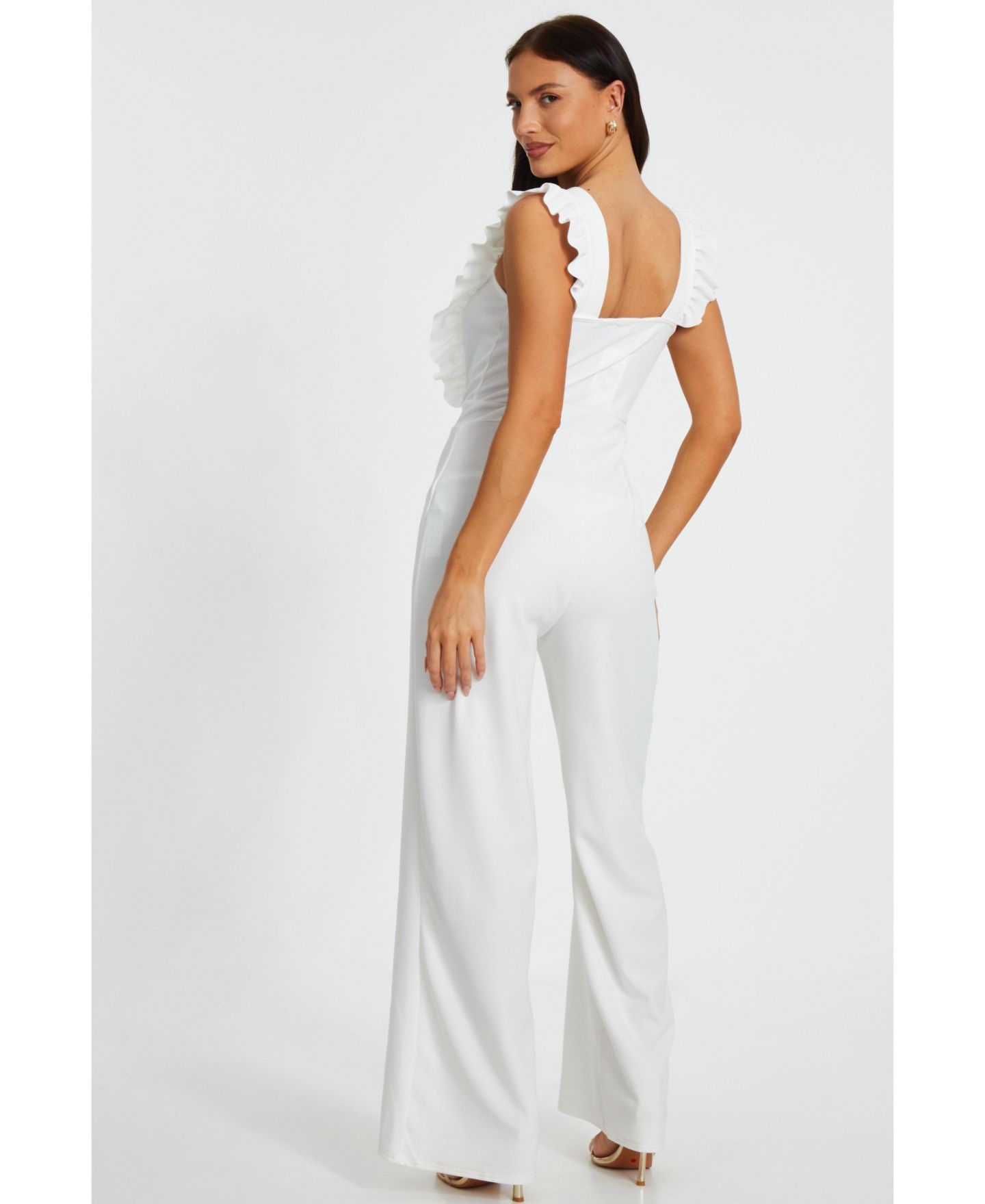 Женский комбинезон QUIZ Scuba Crepe Frill Chain Front Jumpsuit - Black, цвет: Белый — фото 3