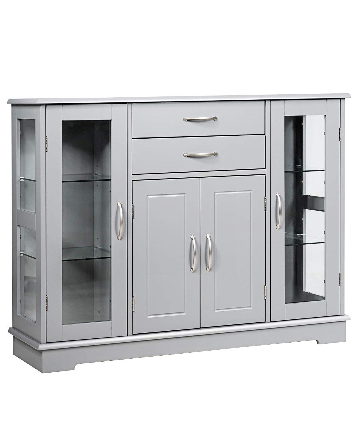 Sideboard Buffet Server Storage Cabinet with 2 Drawers and Glass Doors - Grey
