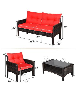 4PCS Patio Rattan Furniture Set Loveseat Sofa Coffee Table Garden W/Red Cushion